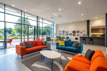 A modern office lounge with comfortable seating, a coffee bar, and large windows overlooking a green outdoor area.
