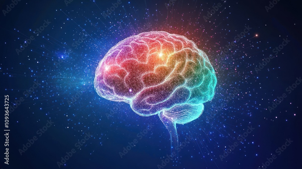 Poster a vibrant, colorful, and digital rendering of the human brain with glowing nodes, suggesting connect