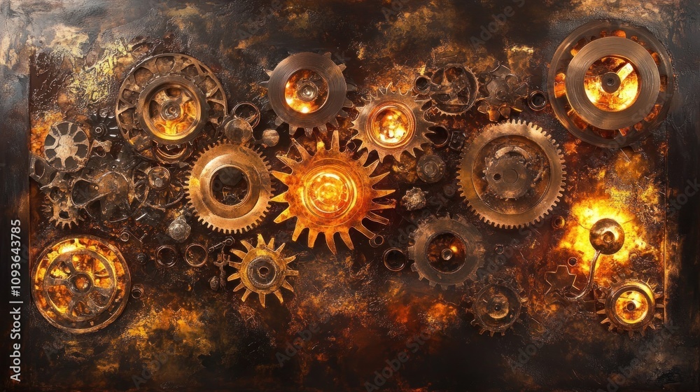 Aufkleber A fiery abstract background with many golden gears of different sizes, arranged in a chaotic manner. The gears are set against a dark background with fire and sparks.