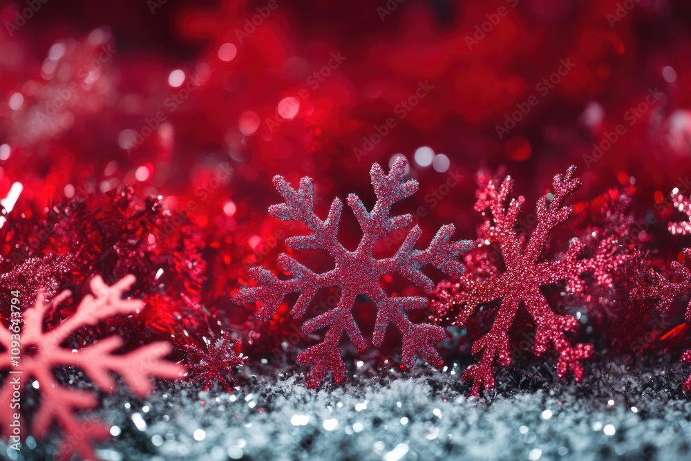 Aufkleber Close-up of sparkling silver and pink snowflakes on a red sparkly background with bokeh.