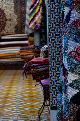 Handmade rugs display in a shop in Tangier, Morocco
