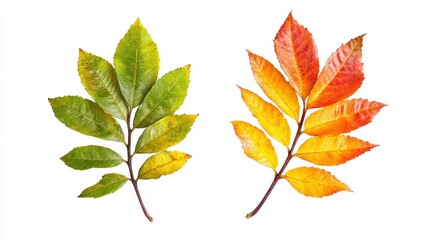 Green and autumn leaves on white background: nature's color transition