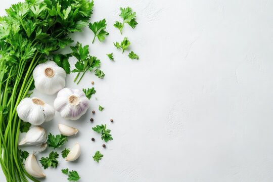 Fresh garlic, parsley and peppercorns on a white background.