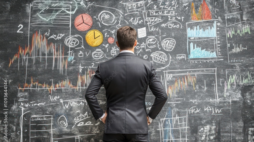 Aufkleber A businessman stands in front of a chalkboard covered in charts and graphs, contemplating data and ideas.