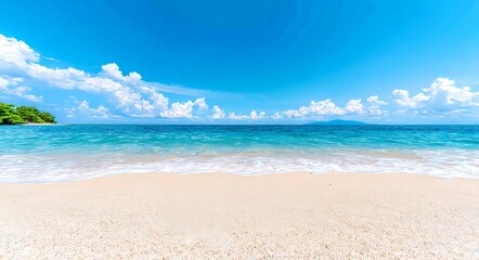 Obraz premium The morning landscape features a horizon where the sea meets the sky, with a blue sky and white, foamy waves on the sandy beach, offering ample space for tourism presentations.