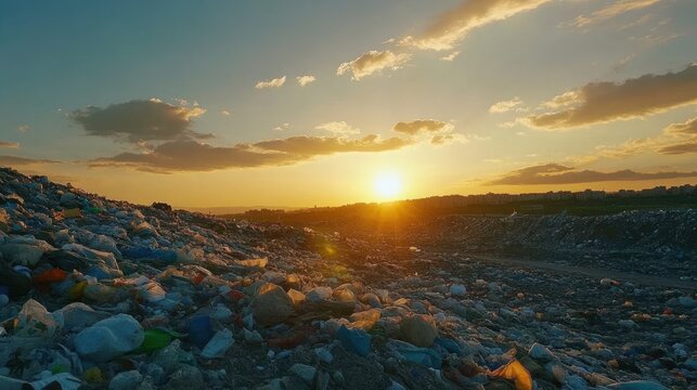A vast landfill filled with plastic waste at sunset.