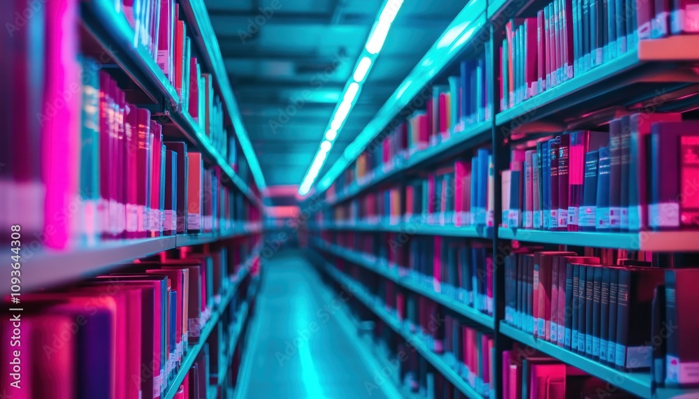 Poster a long aisle of bookshelves in a library lit with colorful neon lights, showing the rows of books on