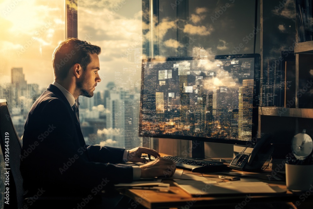 Poster a businessman working on his computer in an office with a cityscape view.