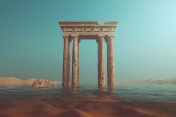Naklejka premium An ancient Greek temple in Libya, partially submerged beneath water, showcasing the ruins’ intricate architecture and the dramatic effects of time and nature on historical sites