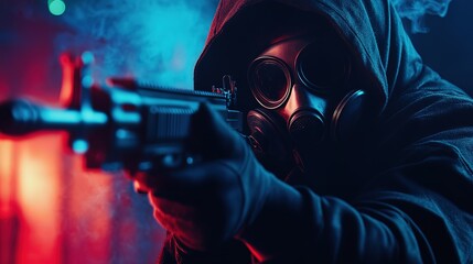 Hooded figure in gas mask aiming rifle in smoky environment.