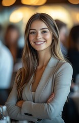 Obraz premium Confident Young Woman in Business Attire at Hotel Event, Arms Crossed