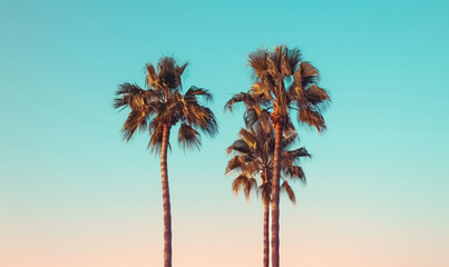Obraz premium palm trees at blue sky background at dusk, California vacation wallpaper
