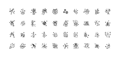 Merry Christmas and Happy New Year cute line doodle icon set. Crayon hand drawn scribble. Christmas tree, confetti, snow ball, winter house, gift box present with a bow. Minimalist drawing