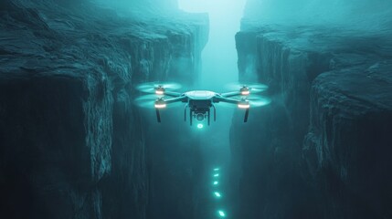 Drone flying through foggy canyon