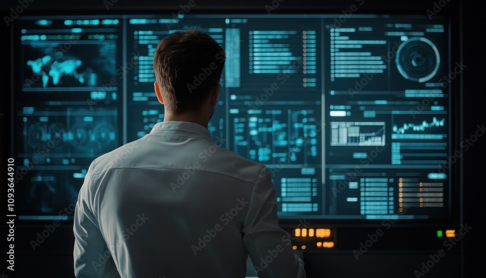 Poster A man stands in front of a large screen displaying a variety of data and charts.