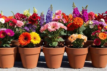 Vibrant Flower Collection in Terracotta Pots on Clear Background