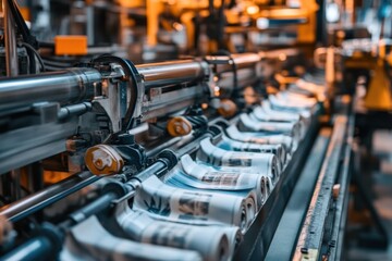 Fototapeta premium A row of newspapers being folded and stacked by a large industrial printing press.