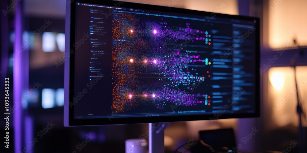 Aufkleber Close-up of a computer monitor displaying a complex data visualization with glowing particles and lines.