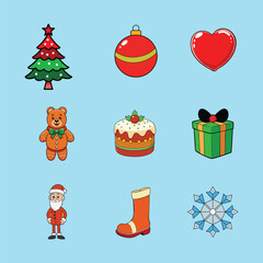 Set of Christmas minimalist ornaments elements. Xmas abstract color icons and logos in minimalist style. Christmas tree, snowman, gifts, bell, candy and others for holiday decoration. 