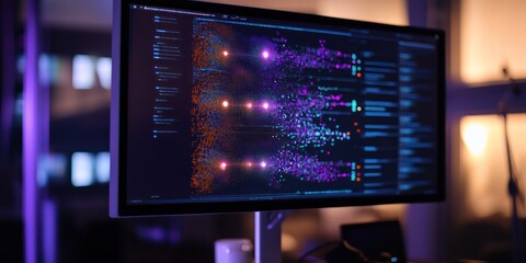Close-up of a computer monitor displaying a complex data visualization with glowing particles and lines.