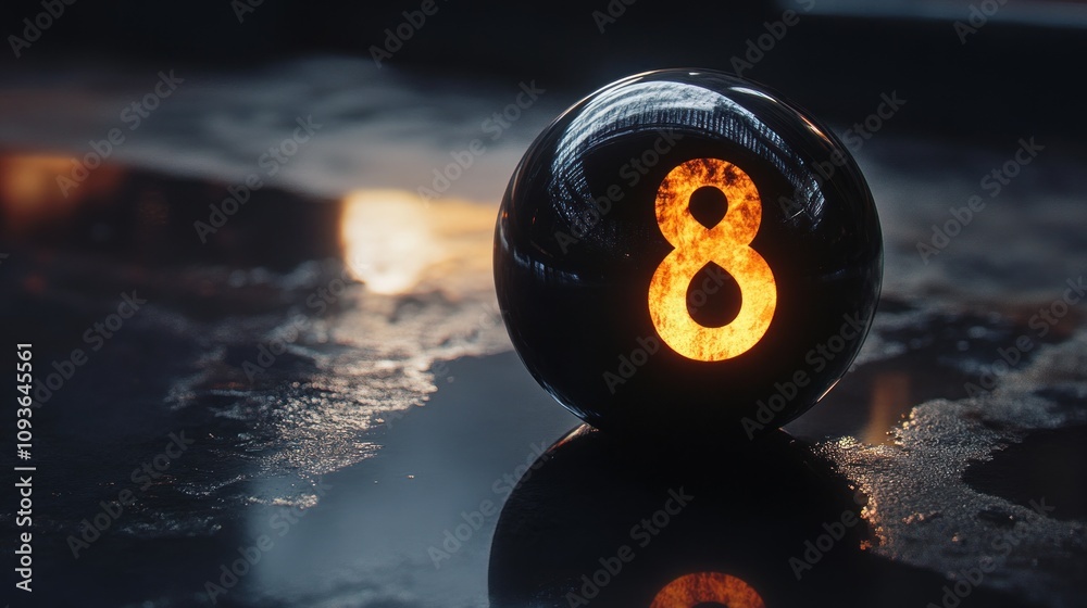 Aufkleber A black sphere with an orange glowing number eight on it. The sphere is resting on a dark surface that reflects the number eight and a hazy orange light.