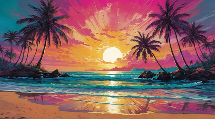 a tropical island beach with palm trees and sun painting illustration