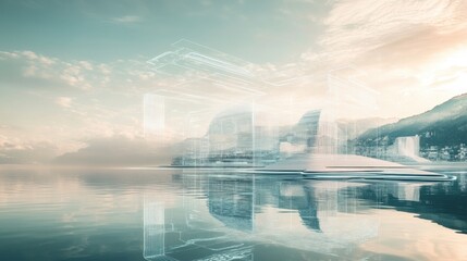 Futuristic architecture reflection lake