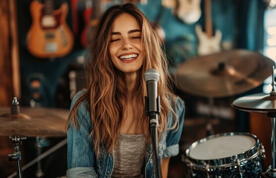 Female singer recording in a music studio with a drum set - Powered by Adobe