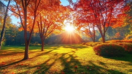 Fototapeta premium A vibrant autumn landscape with a golden sunrise shining through the foliage of red and orange trees.