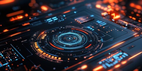 Abstract futuristic interface with glowing lights and a digital circle in the center.