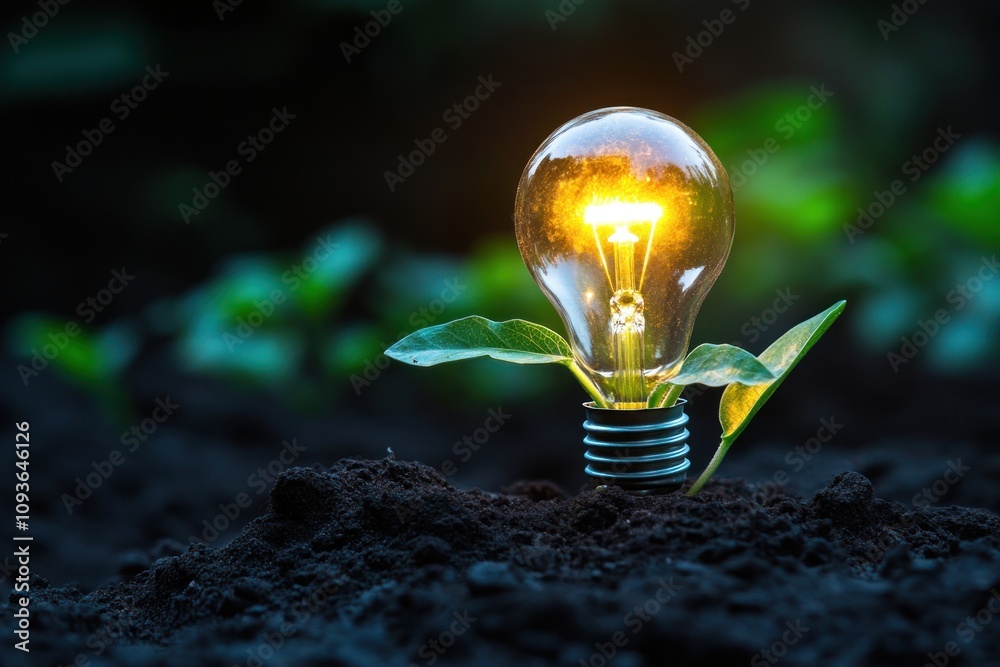 Poster a glowing light bulb emerges from the soil, symbolizing a new idea or innovation growing and flouris