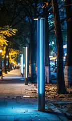 illuminated pedestrian street with modern streetlight and led lanterns at night