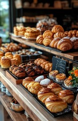 Vibrant display of croissants, pastries, and swirl rolls in the bakery counter