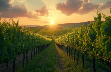 Naklejka premium Vineyard landscape at sunset with grape plants and rows of vines