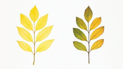 Comparison of yellow and green ash leaves showcasing seasonal transition