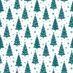 Fototapeta premium Small decorated green Christmas trees and snowflakes isolated on white background. Cute monochrome seamless pattern. Vector simple flat graphic illustration. Texture.