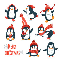 set of cute cartoon penguins in different poses. Illustration in flat style for christmas card, magazines, banners. Funny penguin character. 