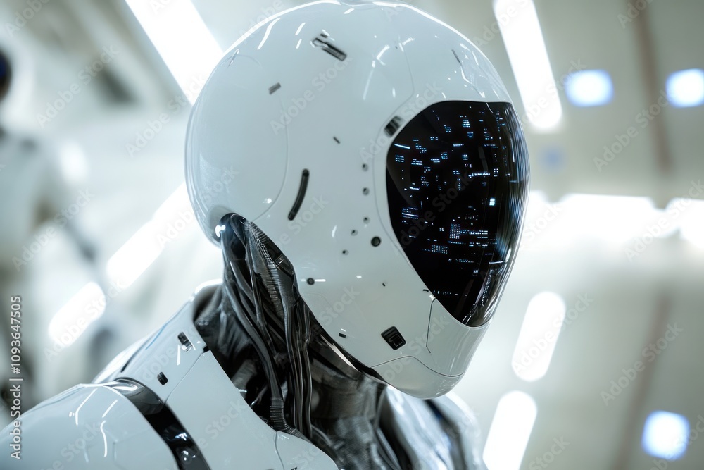 Poster A close-up of a futuristic robot with a white helmet and a transparent visor displaying digital information.