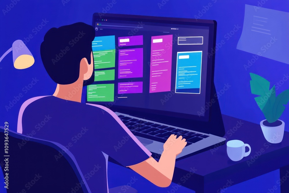 Poster A man sits at a desk using a laptop to work on a project management tool. The screen shows a Kanban board with colorful tasks.
