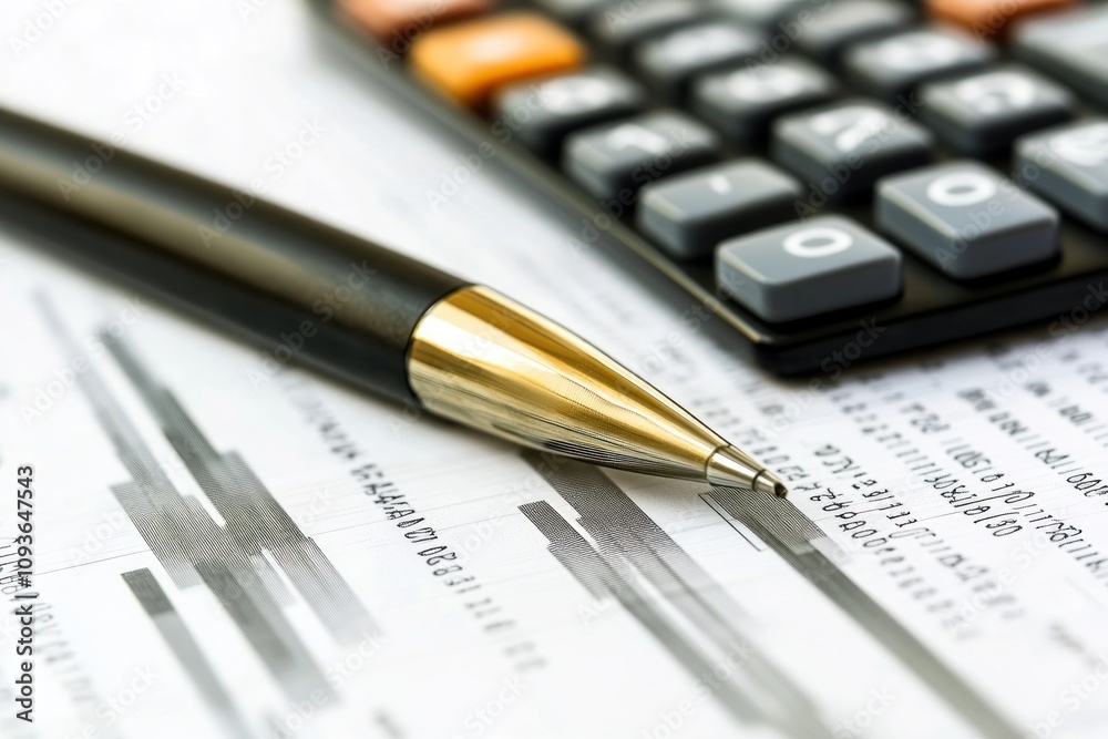 Poster a black pen with a gold tip lying on a piece of paper with financial data and a calculator beside it