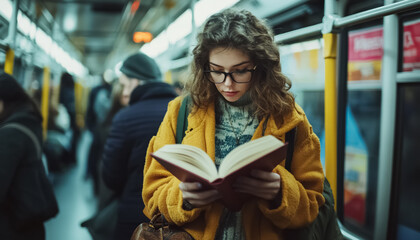 beautiful woman in bus or subway reading interesting novel book while going to work or study