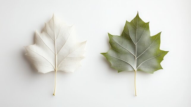 Minimalistic contrast of white and green maple leaves on light background