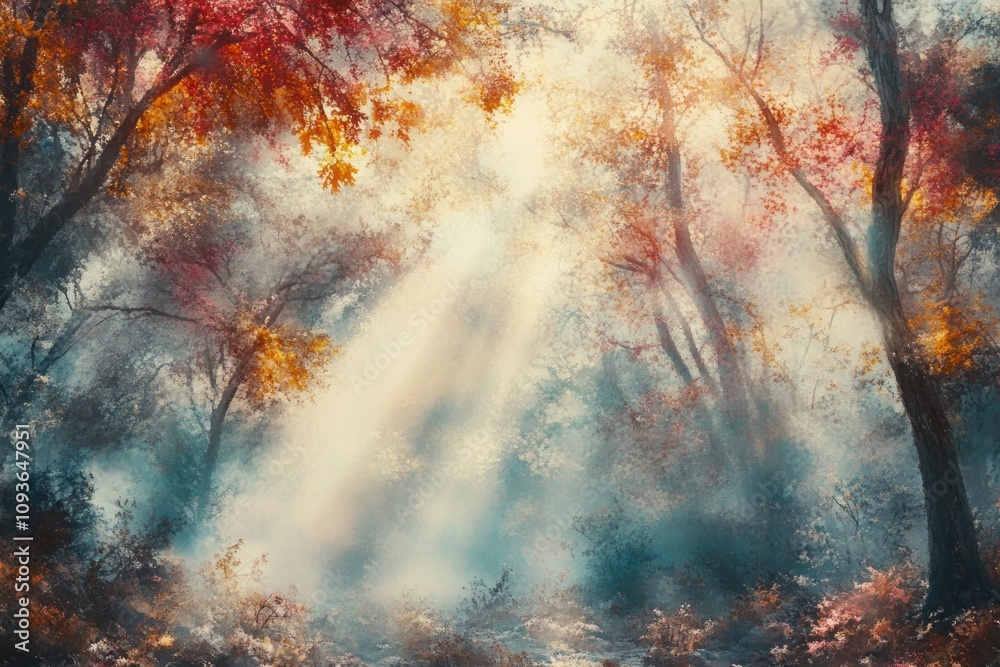 Poster a magical autumn forest with sunlight filtering through the trees.
