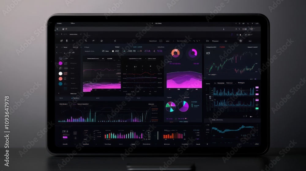 Leinwandbilder A tablet displaying a dark-themed dashboard with various charts and graphs, including line graphs, bar charts, and pie charts.