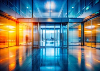 Fototapeta premium Surreal Abstract Blur of a Modern Office Interior Entrance with Pale Blue Background and Orange Light Effects, Creating an Ethereal Atmosphere of Contemporary Design