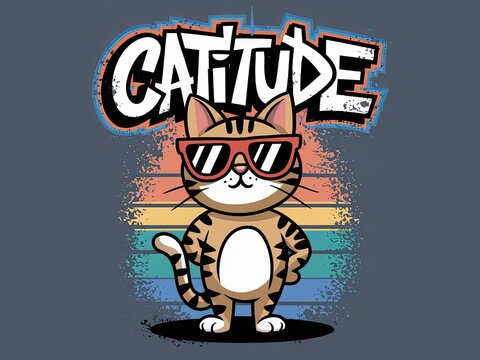 Cool Cat with Sunglasses and Funky Style Against Retro Rainbow Background
