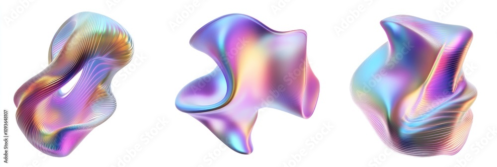 Poster three abstract iridescent shapes isolated on white background.