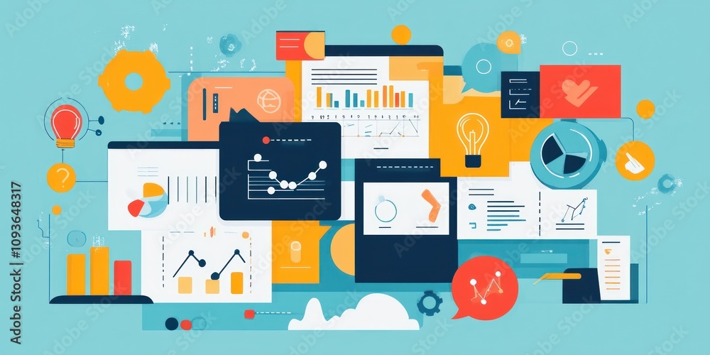 Fototapete colorful data analytics charts and graphs with icons and abstract shapes on a light blue background.
