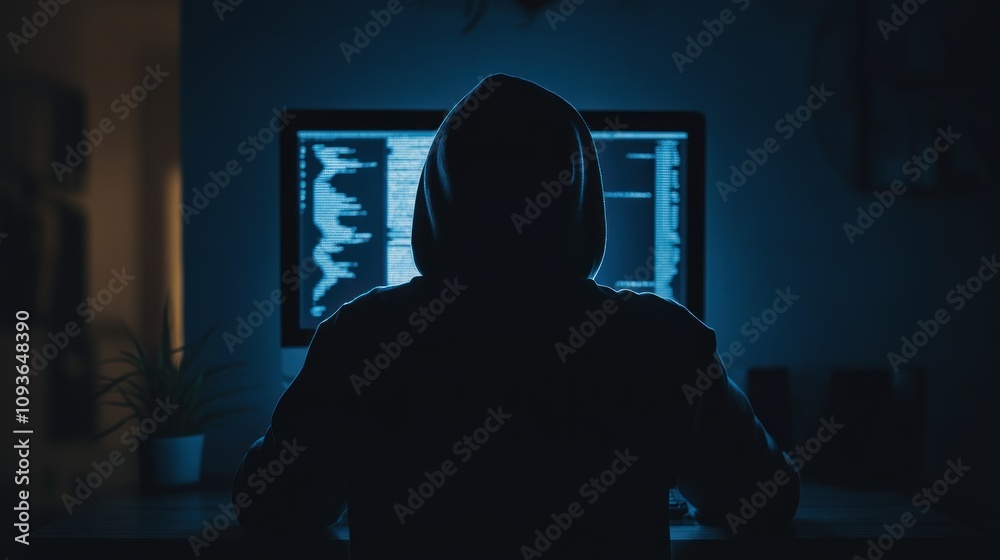 Poster A hooded figure sits at a computer, the screen glowing with code. They appear to be working late into the night, perhaps on a project or trying to solve a problem