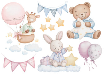 Good night cute animals watercolor clipart